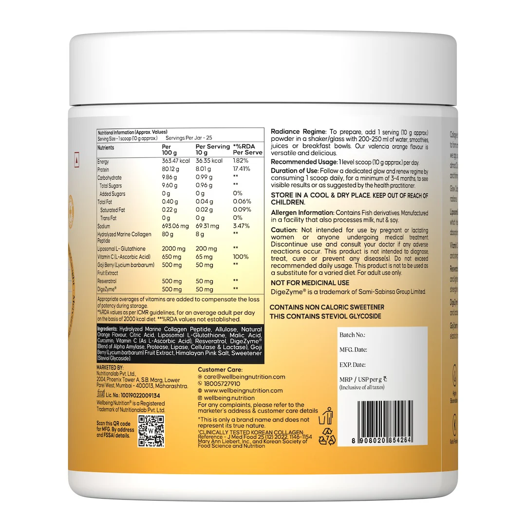 Glow Korean Marine Collagen Peptides with Liposomal Glutathione & Vitamin C | Valencia Orange Flavour | 250g - Image 15